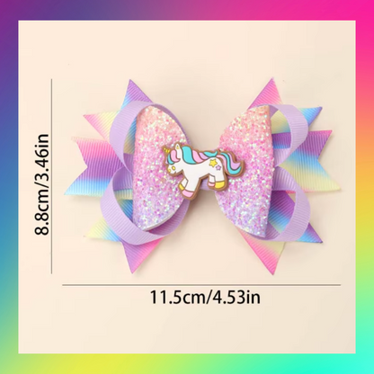 Rainbow unicorn themed ribbon hair bow clips set