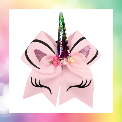 Large bow with glitter HTV unicorn face with flowers and sequined horn on a bobble