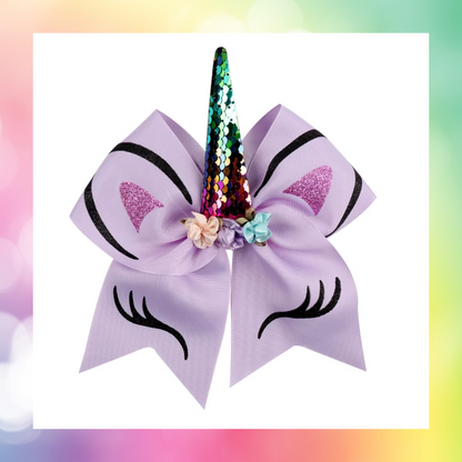 Large bow with glitter HTV unicorn face with flowers and sequined horn on a bobble