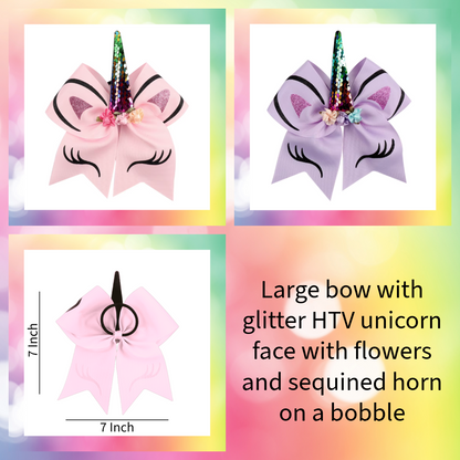 Large bow with glitter HTV unicorn face with flowers and sequined horn on a bobble