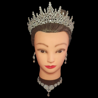 Royal style crystal rhinestone tiara and matching jewellery set necklace and earrings
