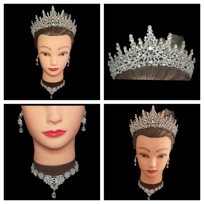 Royal style crystal rhinestone tiara and matching jewellery set necklace and earrings