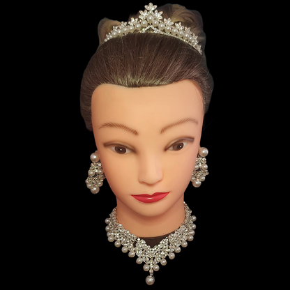 Faux pearl and crystal rhinestone tiara and matching jewellery set necklace and earrings
