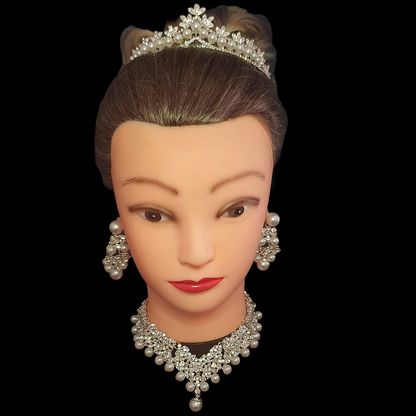 Faux pearl and crystal rhinestone tiara and matching jewellery set necklace and earrings