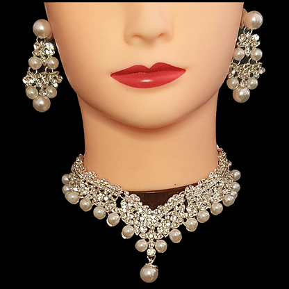 Faux pearl and crystal rhinestone tiara and matching jewellery set necklace and earrings