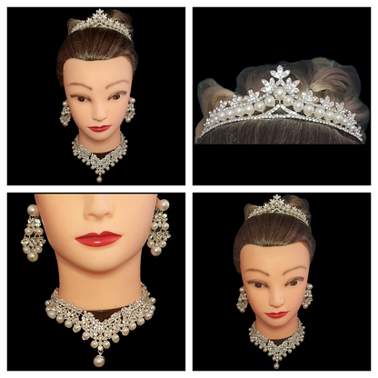 Faux pearl and crystal rhinestone tiara and matching jewellery set necklace and earrings