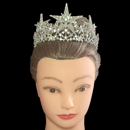 Royal Regal Queen Silver Star Celestial Crystal Crusted Iced Bling Crown Tiara