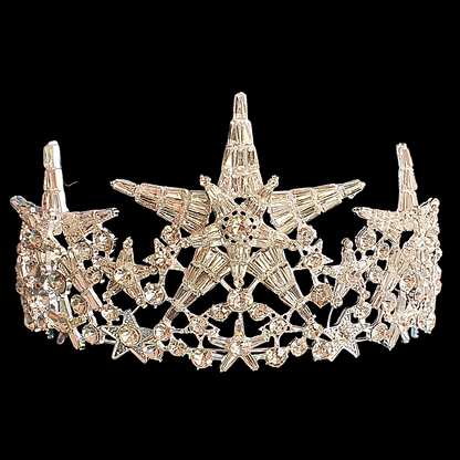 Royal Regal Queen Silver Star Celestial Crystal Crusted Iced Bling Crown Tiara