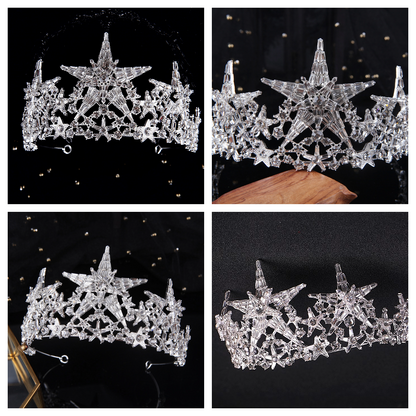 Royal Regal Queen Silver Star Celestial Crystal Crusted Iced Bling Crown Tiara