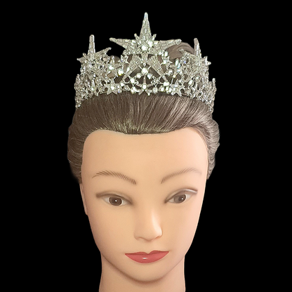 Royal Regal Queen Silver Star Celestial Crystal Crusted Iced Bling Crown Tiara