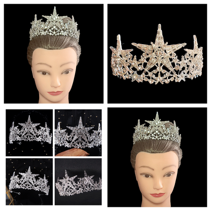 Royal Regal Queen Silver Star Celestial Crystal Crusted Iced Bling Crown Tiara