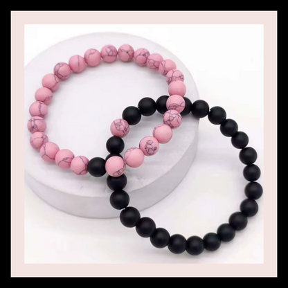 Pink and black bead bracelet set of two