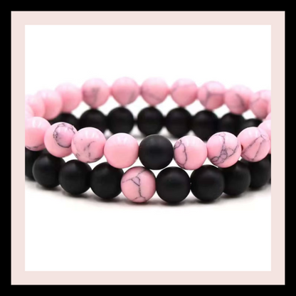 Pink and black bead bracelet set of two