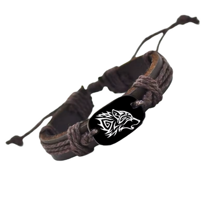 Brown leather wolf pendant wristband