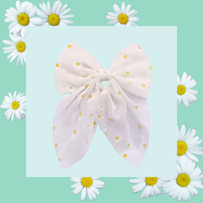 Daisy flower mesh ribbon large hair bow clip