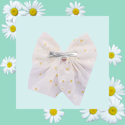 Daisy flower mesh ribbon large hair bow clip