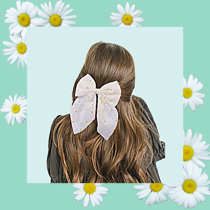 Daisy flower mesh ribbon large hair bow clip
