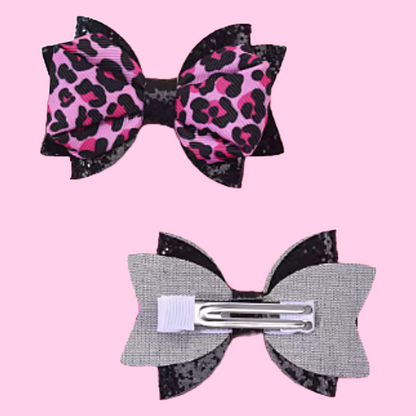 Pink and black leopard animal print ribbon and sparkly black faux leather hair bow pair