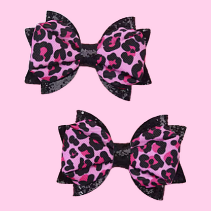 Pink and black leopard animal print ribbon and sparkly black faux leather hair bow pair