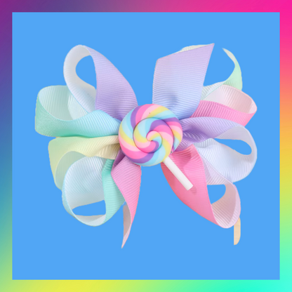 Rainbow lolly pop flower pom pom hair bow and clip set
