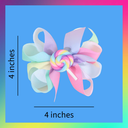 Rainbow lolly pop flower pom pom hair bow and clip set