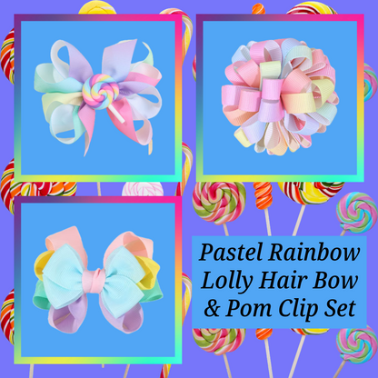 Rainbow lolly pop flower pom pom hair bow and clip set