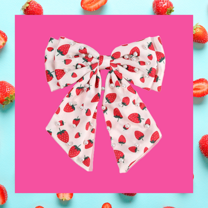 Strawberry and faux pearl bead large chiffon ribbon hair bow clip