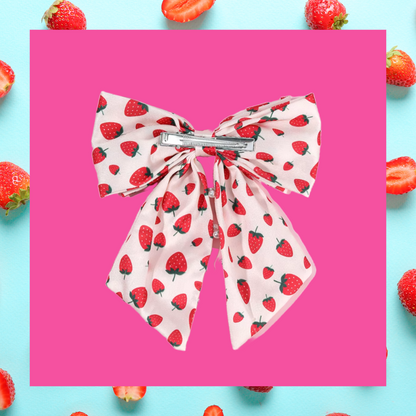 Strawberry and faux pearl bead large chiffon ribbon hair bow clip