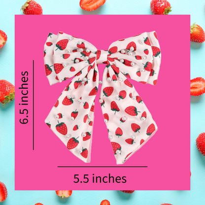 Strawberry and faux pearl bead large chiffon ribbon hair bow clip