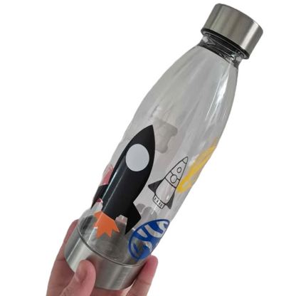Personalised clear plastic water bottle space rocket planet design