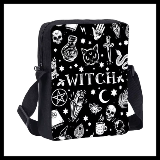 Witch black and white cat potion gothic messenger bag