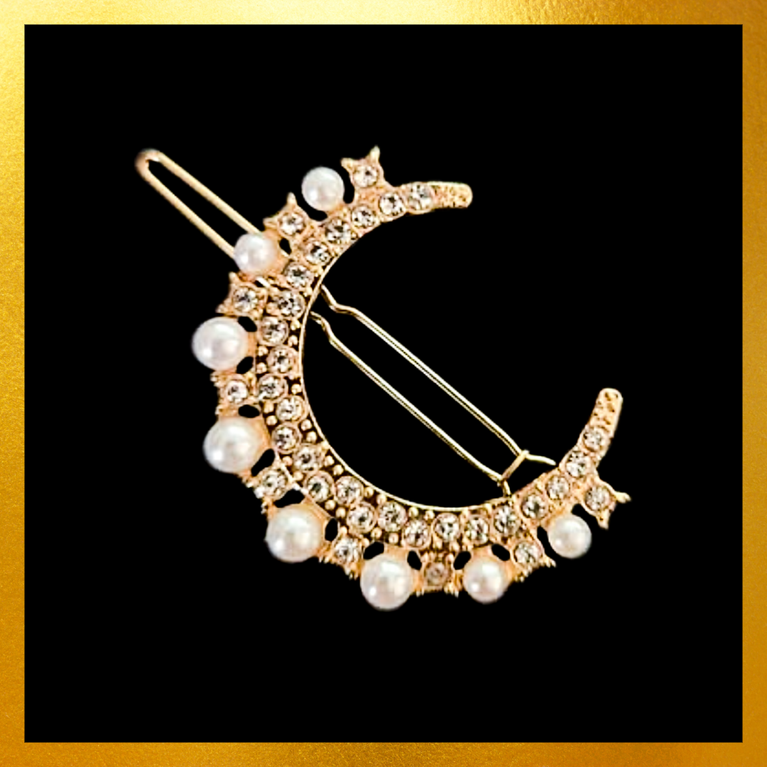 Golden rhinestone and pearl crescent moon hair clip slide