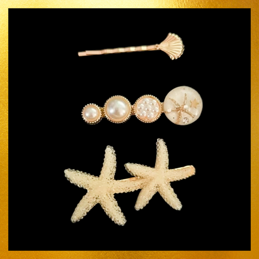 Nautical starfish, sea shell pearly golden hair clip set