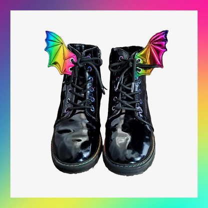 Embroidered Pair Of Rainbow Holographic Bat Dragon Wing Shoe Trainer Boot Skate Charms Accessory