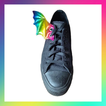 Embroidered Pair Of Rainbow Holographic Bat Dragon Wing Shoe Trainer Boot Skate Charms Accessory