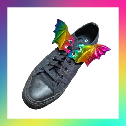Embroidered Pair Of Rainbow Holographic Bat Dragon Wing Shoe Trainer Boot Skate Charms Accessory