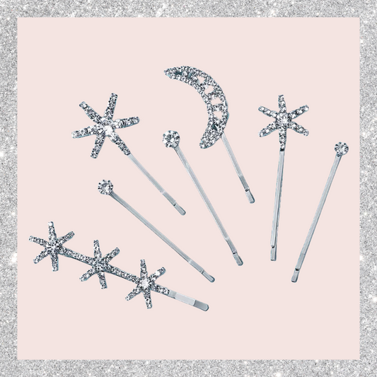 Celestial star and moon rhinestone silver bridal party hair updo slides seven piece set