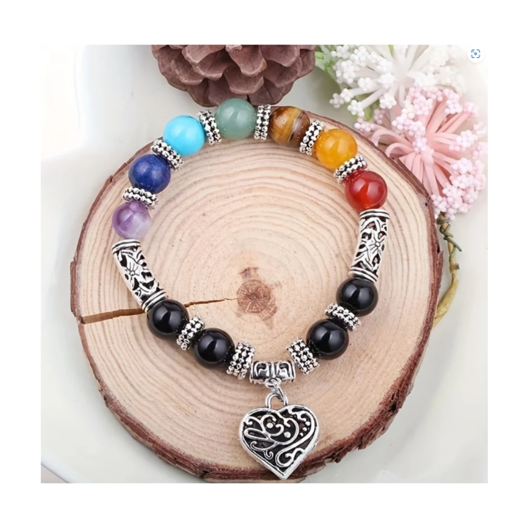 Chakra beaded bracelet with heart charm