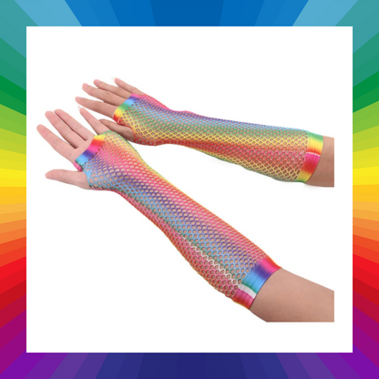 Fishnet mesh rainbow fingerless gloves