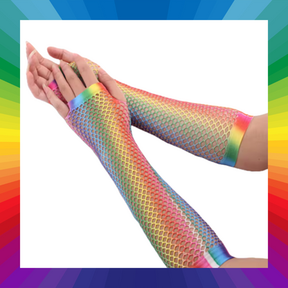 Fishnet mesh rainbow fingerless gloves