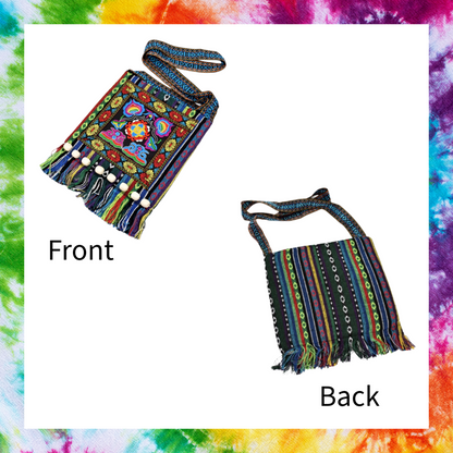 Vintage embroidered boho chic shoulder bag with wooden beads and tassels