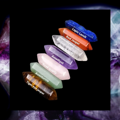 14 piece set of crystal gemstones - 7 double pointed end hexagonal and 7 smooth tumble stones