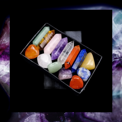 14 piece set of crystal gemstones - 7 double pointed end hexagonal and 7 smooth tumble stones