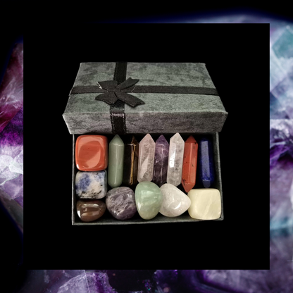 14 piece set of crystal gemstones - 7 double pointed end hexagonal and 7 smooth tumble stones
