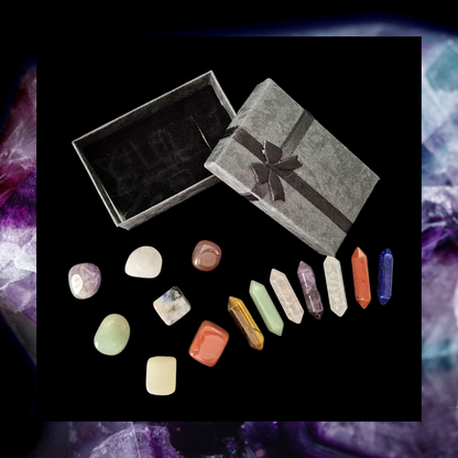 14 piece set of crystal gemstones - 7 double pointed end hexagonal and 7 smooth tumble stones