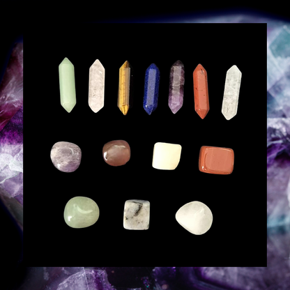 14 piece set of crystal gemstones - 7 double pointed end hexagonal and 7 smooth tumble stones