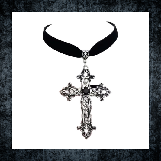 Classic Gothic Large Cross Pendant On Black Velvet Choker