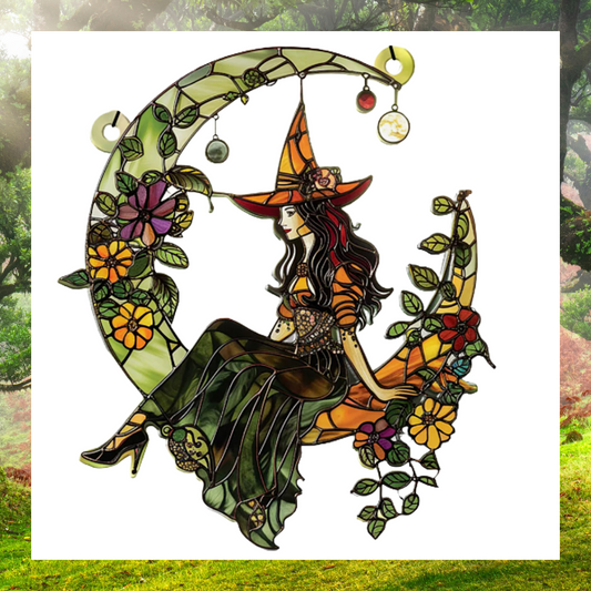 Acrylic Witch on Floral Crescent Moon Suncatcher Hanging Window Wall Plaque Ornaments for Home & Garden