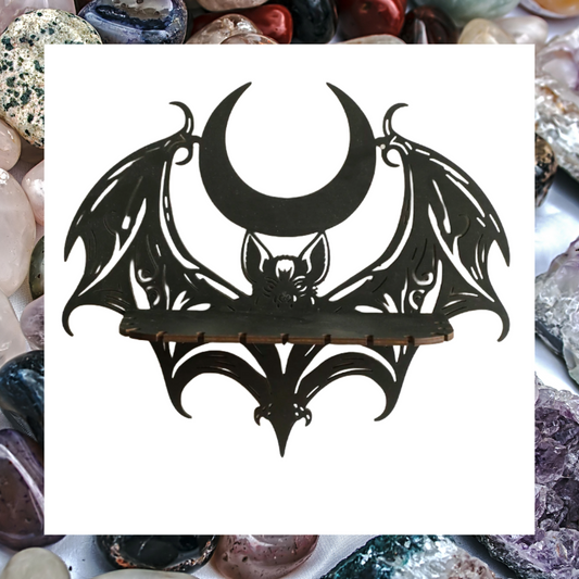 Black wooden winged bat and crescent moon crystal wall mount shelf