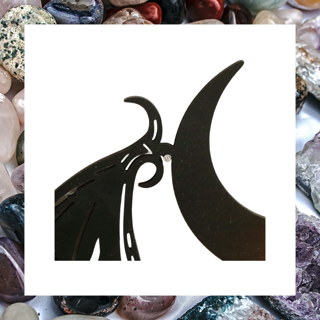 Black wooden winged bat and crescent moon crystal wall mount shelf